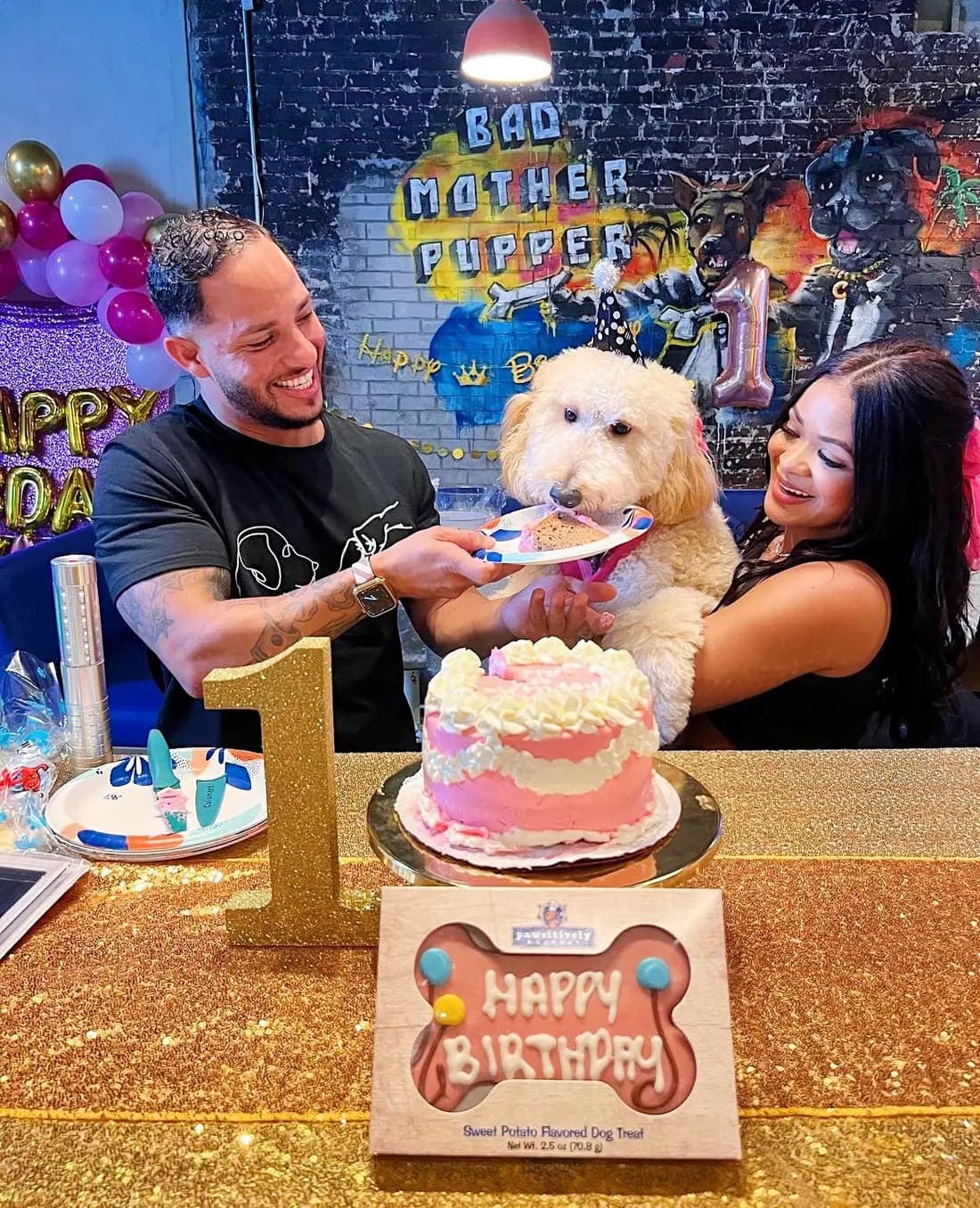 Pawty setup at Pups Pub with a custom pup cake